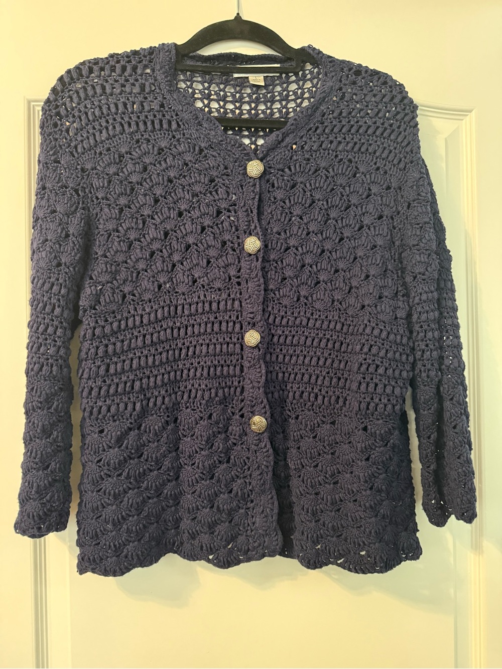Coldwater Creek Navy Crochet Knit Button-Front Cardigan